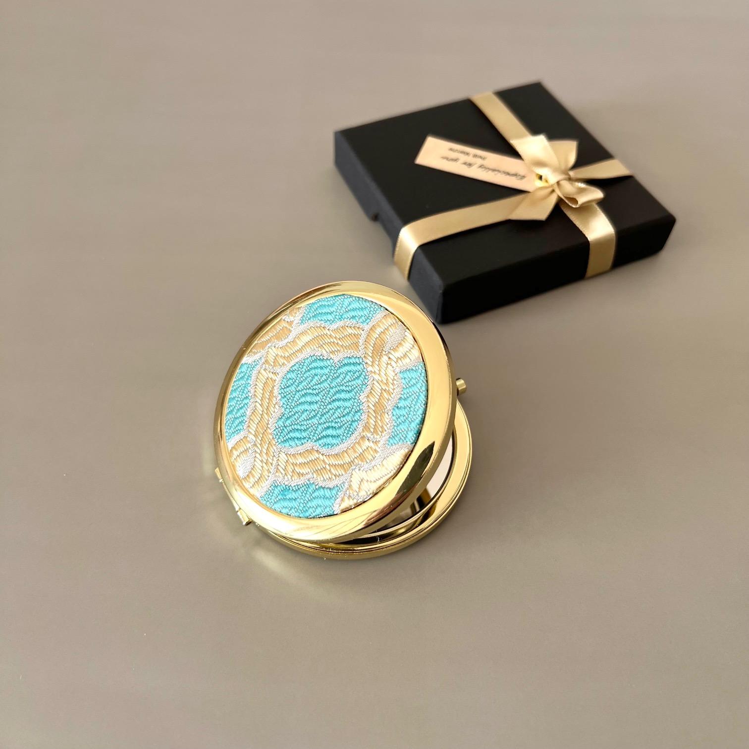 （受注制作）モロッカン生地のコンパクトミラー♦アイラ♦ターコイズ♦ゴールド♦拡大鏡 * ギフトにおすすめ *