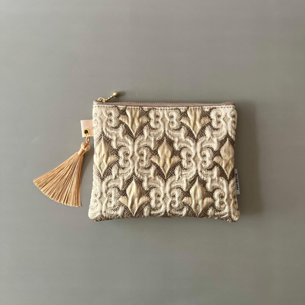 （受注制作）モロッカン生地のタッセル付きポーチ♦ フルール・ド・リス　モカ　ミニ ♦ギフトにおすすめ♦